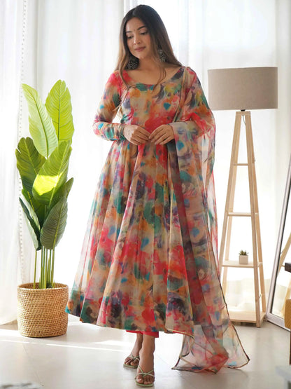 Robe longue en organza rouge à imprimé floral multicolore avec dupatta – Élégance festive et féminine