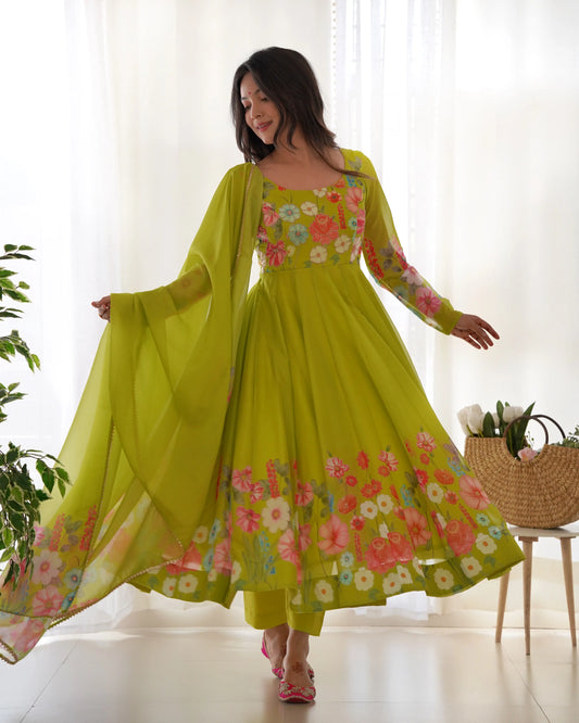 Robe longue en organza vert Liril à imprimé floral multicolore avec dupatta
