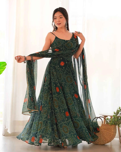 Robe légère en chiffon doux vert bleu-vert à imprimé Bandhej avec dupatta – Élégance traditionnelle et confort moderne