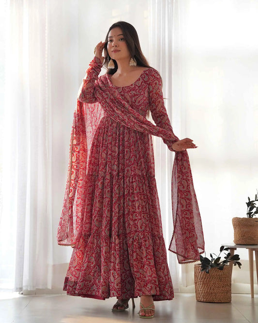 Burgundy Georgette Anarkali Dress with Kalamkari Print and Dupatta – Traditional and Modern Elegance