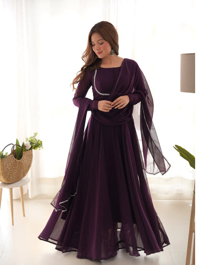 Designer dress in grape wine color georgette with matching dupatta