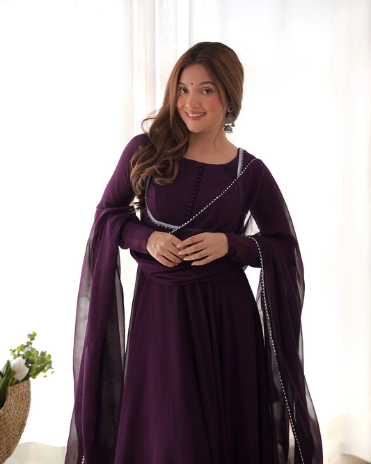 Designer dress in grape wine color georgette with matching dupatta