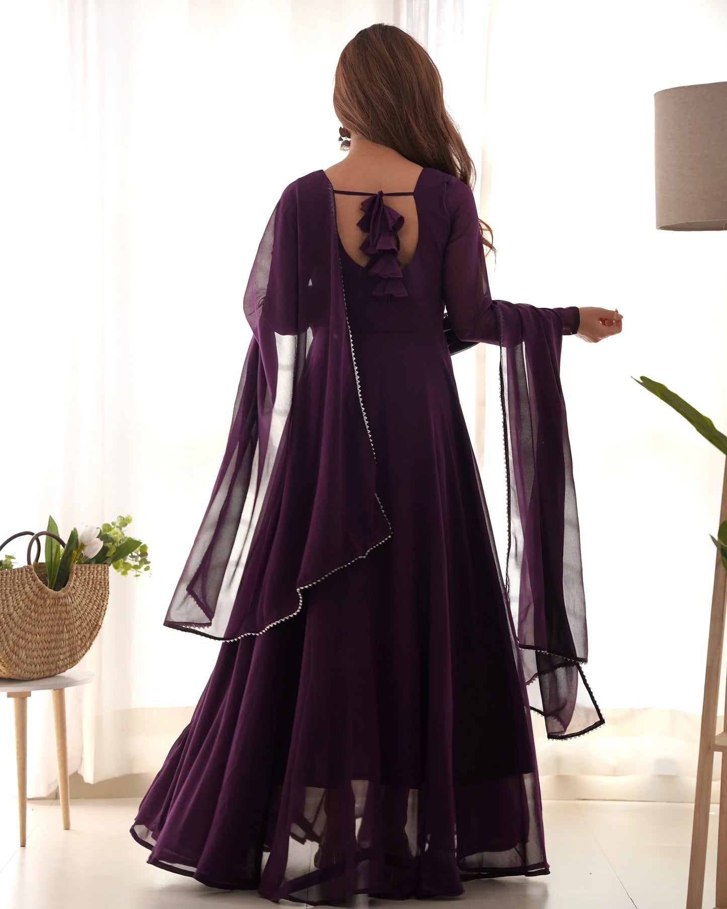 Designer dress in grape wine color georgette with matching dupatta