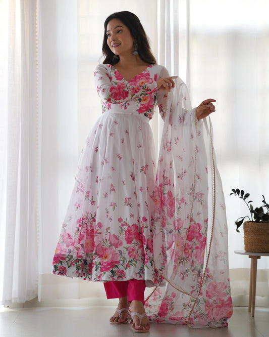 White organza dress with pink floral print and matching dupatta