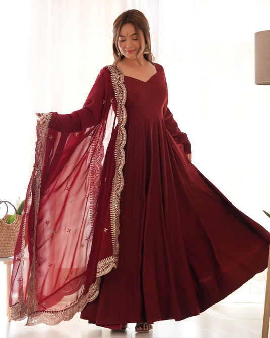 Burgundy Silk Anarkali Dress with Georgette and Embroidery Dupatta