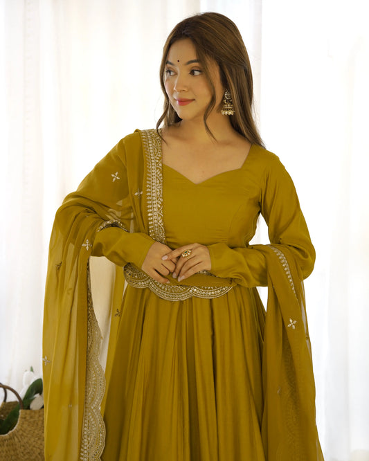 Mustard Yellow Silk Anarkali Dress with Georgette Dupatta and Embroidery