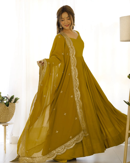 Mustard Yellow Silk Anarkali Dress with Georgette Dupatta and Embroidery