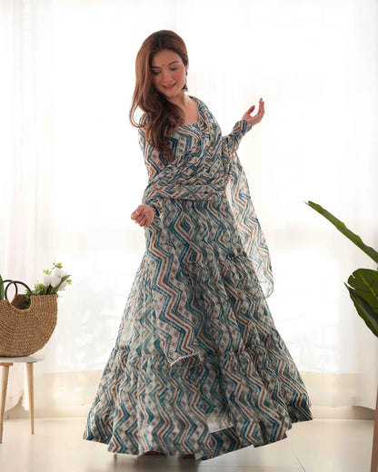 Light Blue Georgette Gown Dress with Zigzag Print and Dupatta