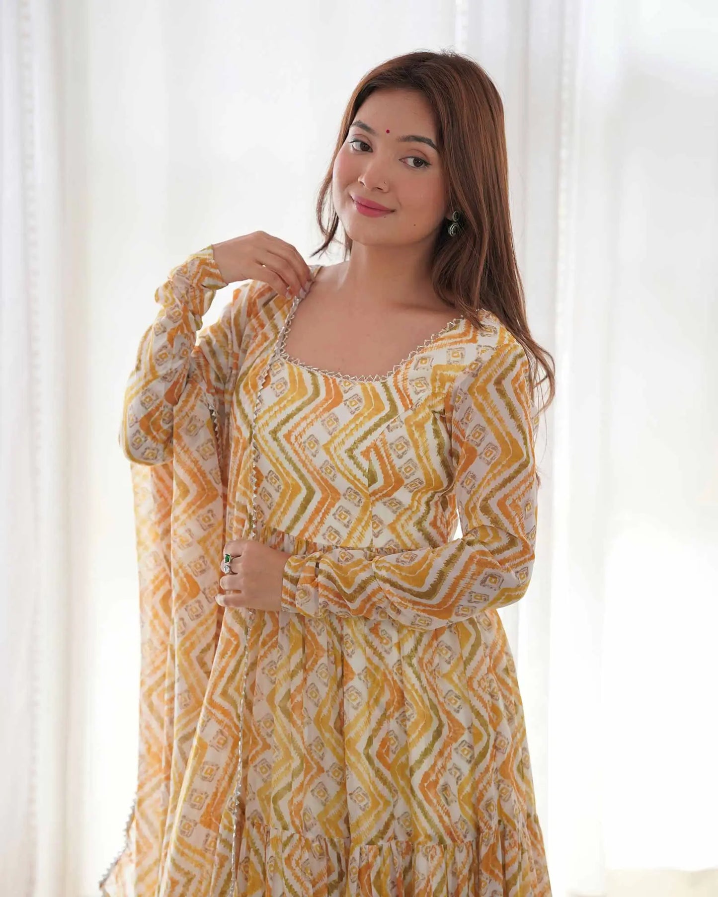 Brownish Yellow Georgette Three Layer Gown Dress with Zigzag Print and Dupatta