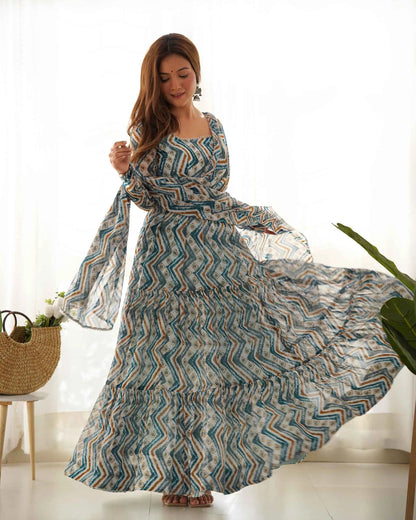 Light Blue Georgette Gown Dress with Zigzag Print and Dupatta