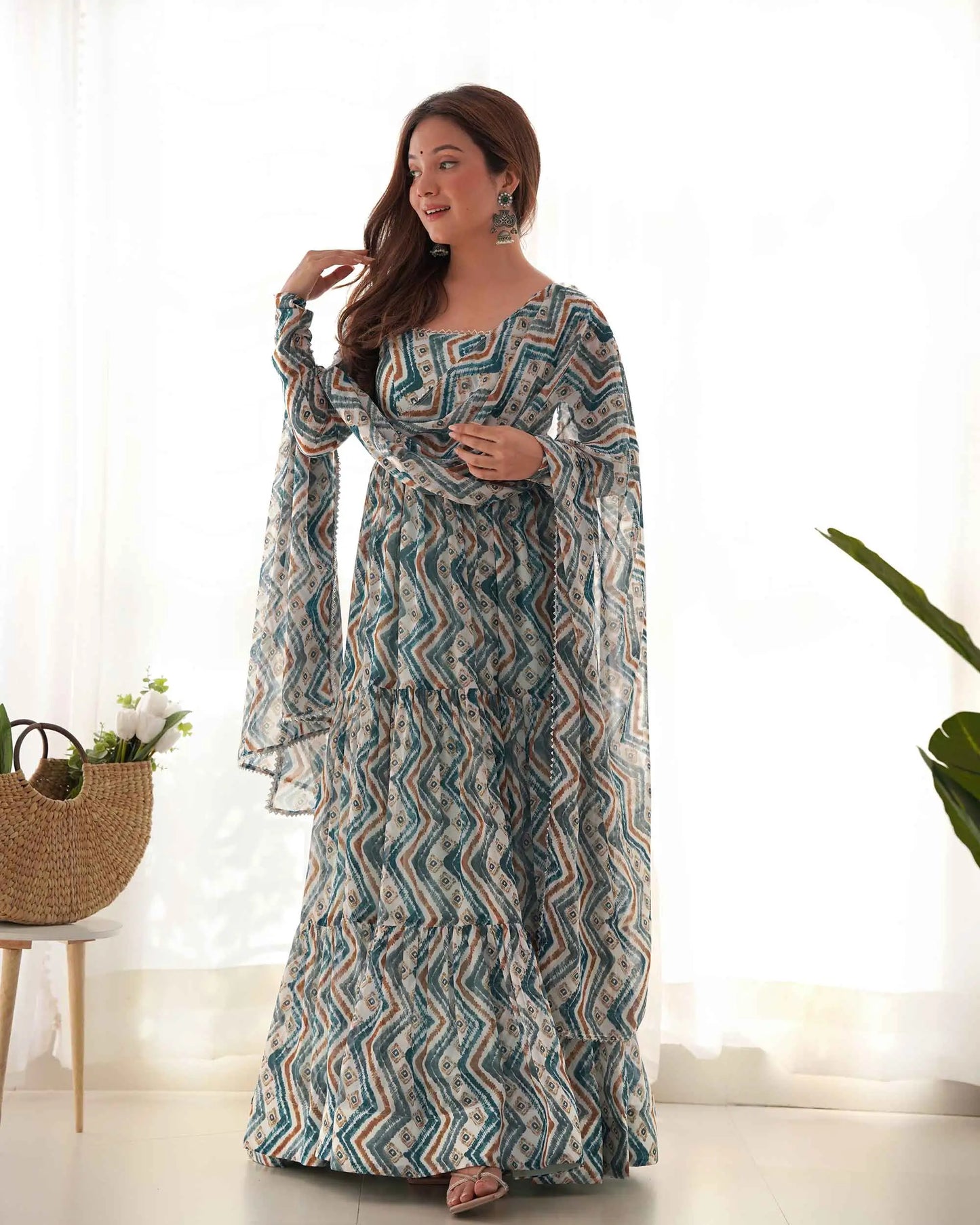 Light Blue Georgette Gown Dress with Zigzag Print and Dupatta
