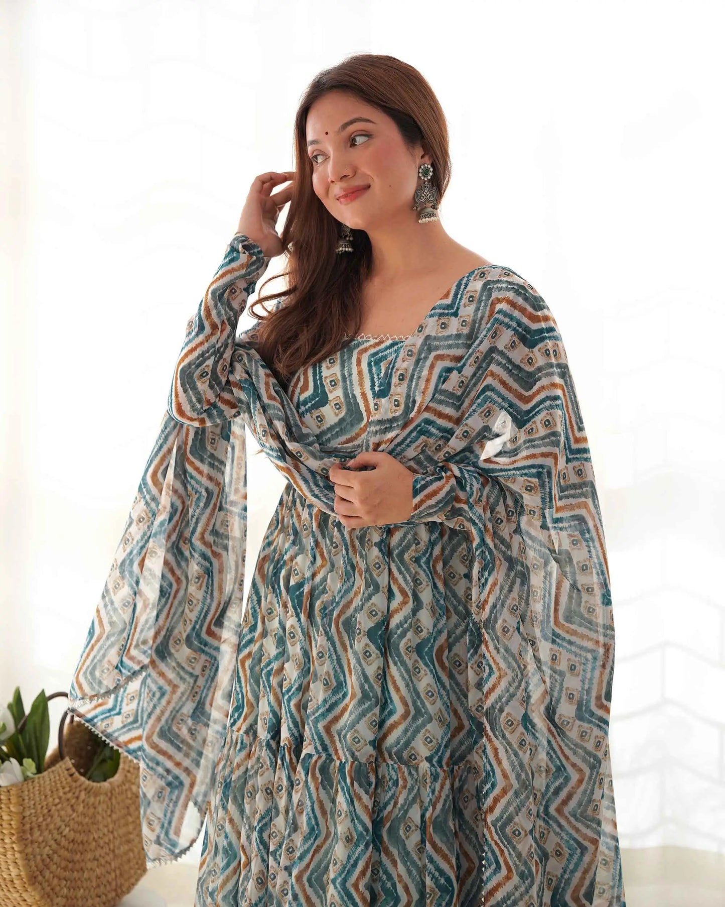 Light Blue Georgette Gown Dress with Zigzag Print and Dupatta