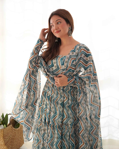 Light Blue Georgette Gown Dress with Zigzag Print and Dupatta