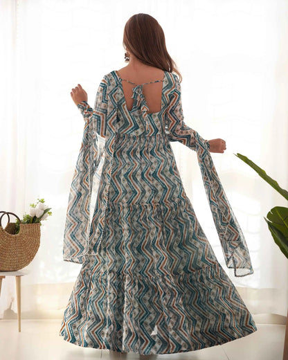 Light Blue Georgette Gown Dress with Zigzag Print and Dupatta