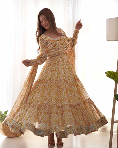 Brownish Yellow Georgette Three Layer Gown Dress with Zigzag Print and Dupatta