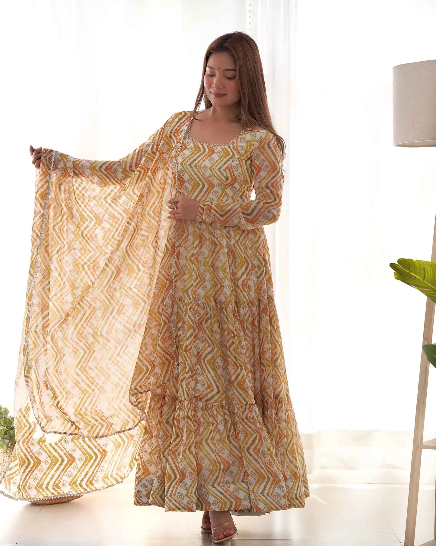 Brownish Yellow Georgette Three Layer Gown Dress with Zigzag Print and Dupatta