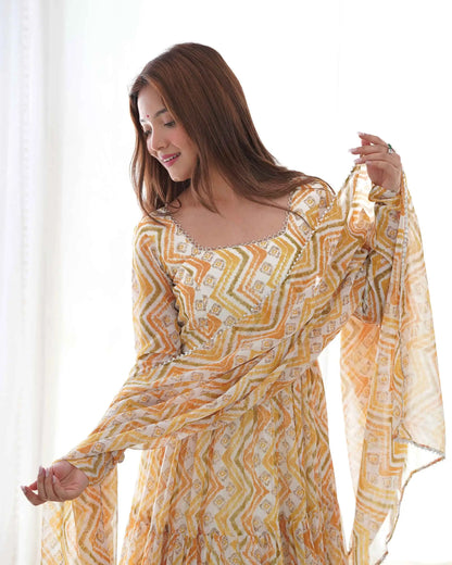 Brownish Yellow Georgette Three Layer Gown Dress with Zigzag Print and Dupatta