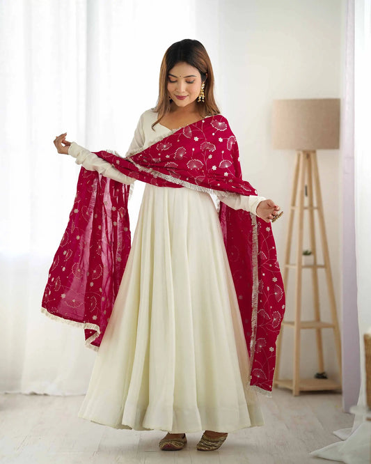 Fuchsia Pink and Off-White Vichitra Silk Gown Dress with Heavy Embroidery Dupatta