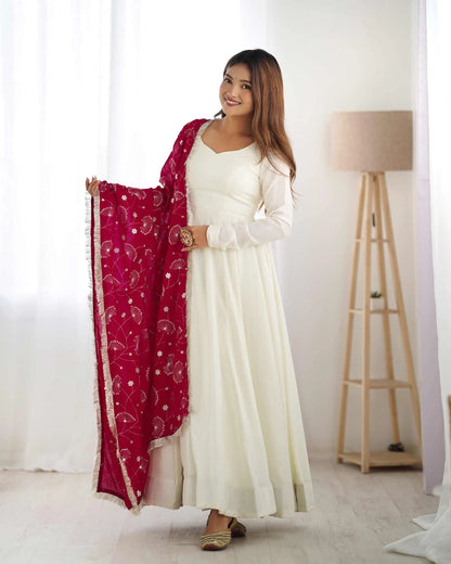 Fuchsia Pink and Off-White Vichitra Silk Gown Dress with Heavy Embroidery Dupatta