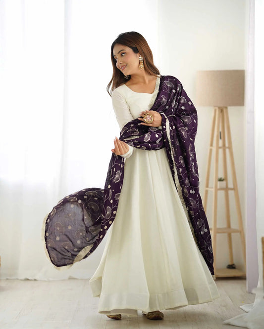 Grape Purple and Off-White Vichitra Silk Gown Dress with Heavy Embroidery Dupatta