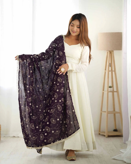 Grape Purple and Off-White Vichitra Silk Gown Dress with Heavy Embroidery Dupatta