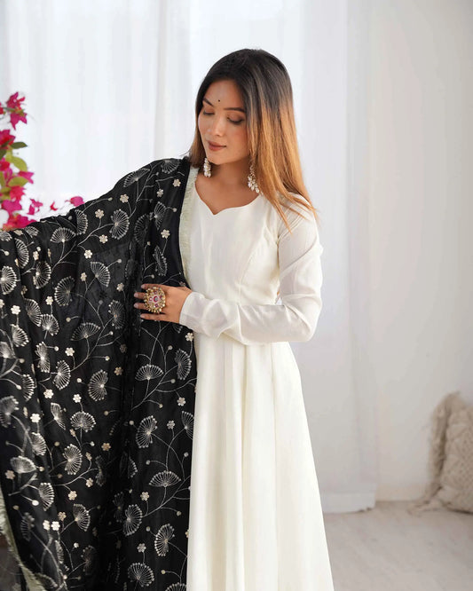 Black and white Vichitra silk maxi dress with heavily embroidered dupatta
