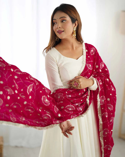 Fuchsia Pink and Off-White Vichitra Silk Gown Dress with Heavy Embroidery Dupatta