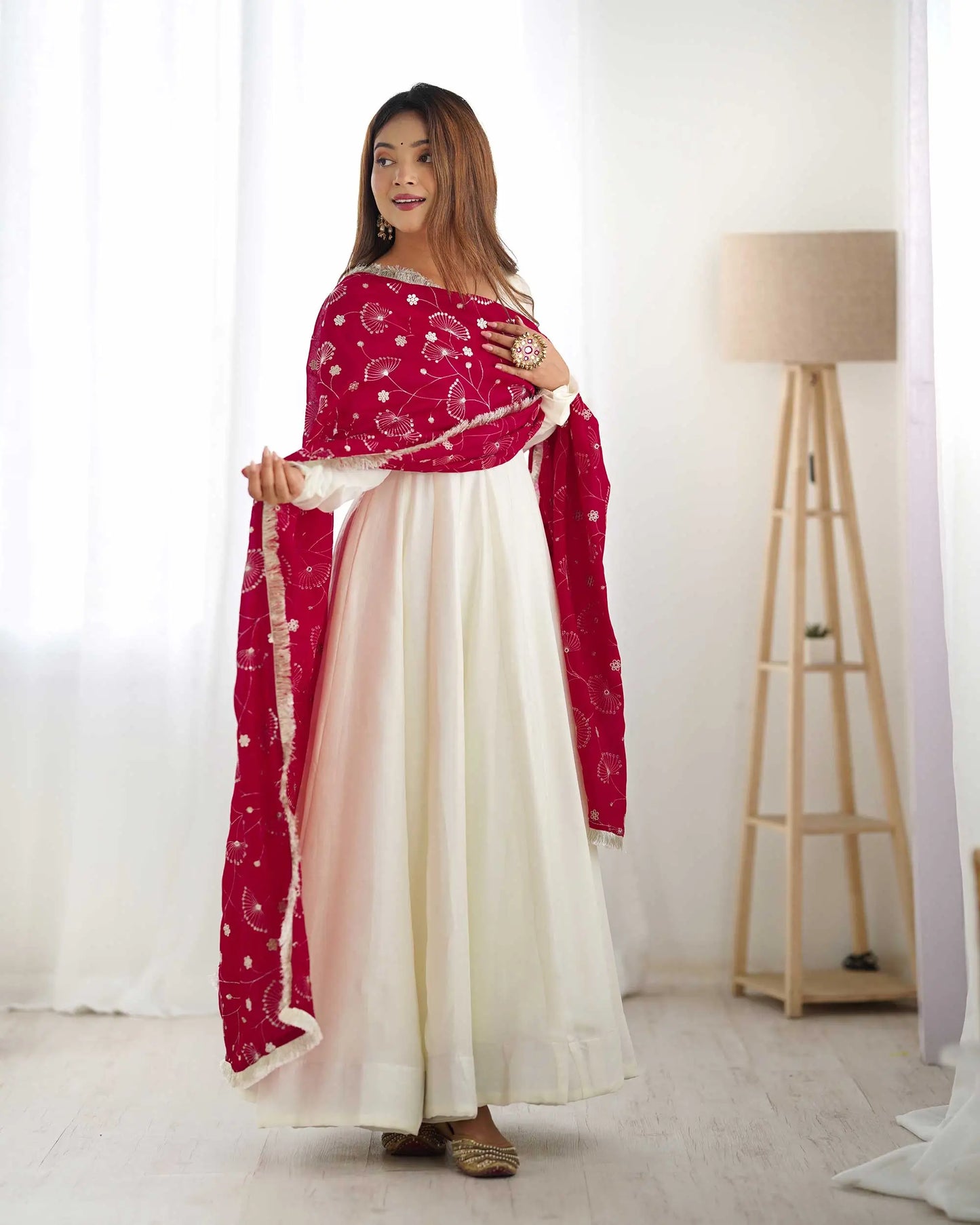 Fuchsia Pink and Off-White Vichitra Silk Gown Dress with Heavy Embroidery Dupatta