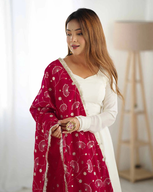 Fuchsia Pink and Off-White Vichitra Silk Gown Dress with Heavy Embroidery Dupatta