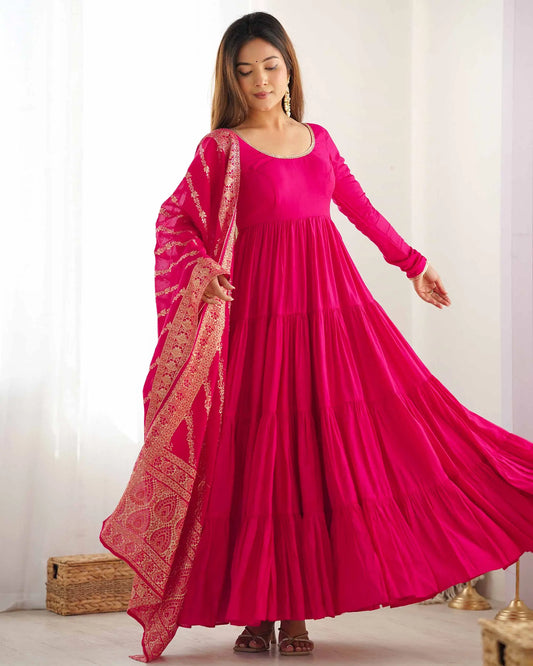 Fuchsia pink silk maxi dress with Banarasi jacquard dupatta