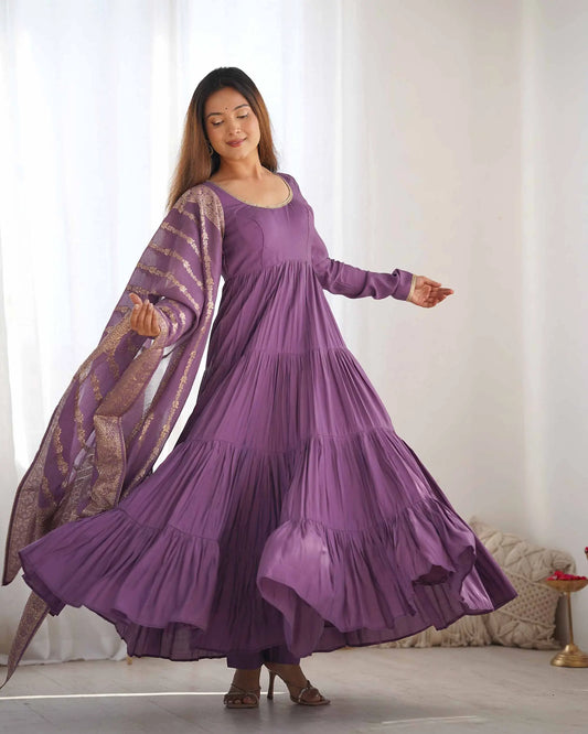 Purple silk dress with Banarasi jacquard dupatta