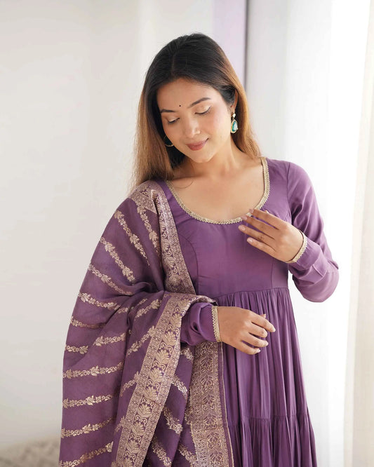 Purple silk dress with Banarasi jacquard dupatta