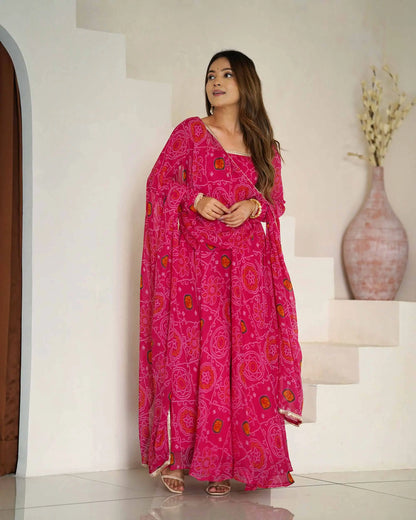 Pink lightweight chiffon dress with Bandhej print and matching dupatta