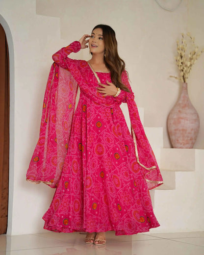Pink lightweight chiffon dress with Bandhej print and matching dupatta