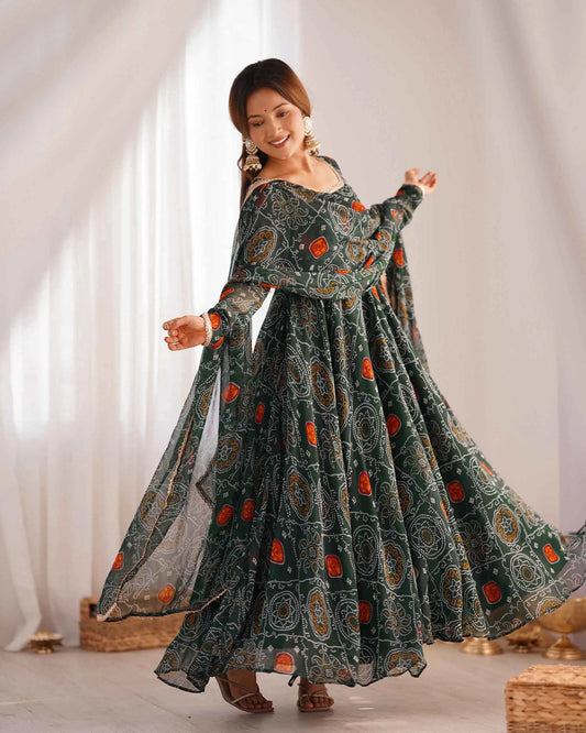 Dark green lightweight chiffon dress with Bandhej print and matching dupatta