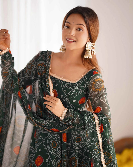 Dark green lightweight chiffon dress with Bandhej print and matching dupatta