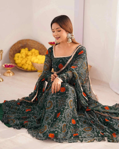 Robe en chiffon léger vert foncé avec imprimé Bandhej et dupatta assortie