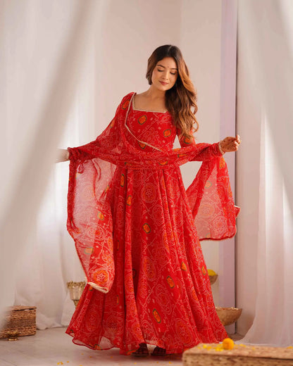 Ruby red long Anarkali dress in soft and light chiffon with Bandhej print