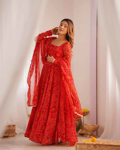 Ruby red long Anarkali dress in soft and light chiffon with Bandhej print