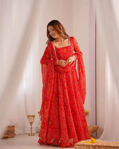 Ruby red long Anarkali dress in soft and light chiffon with Bandhej print