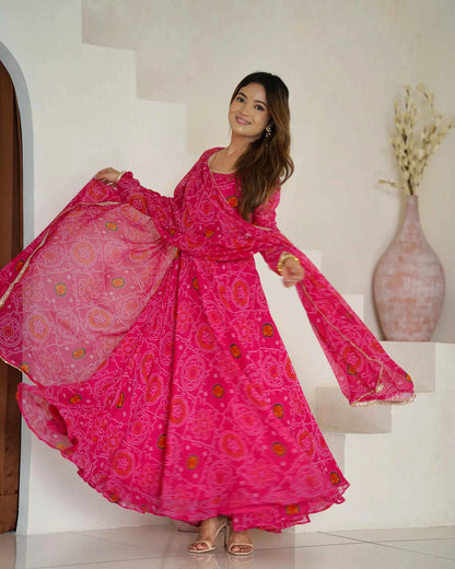 Pink lightweight chiffon dress with Bandhej print and matching dupatta