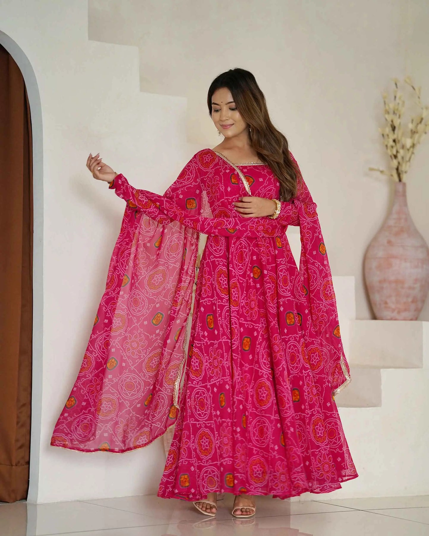 Pink lightweight chiffon dress with Bandhej print and matching dupatta