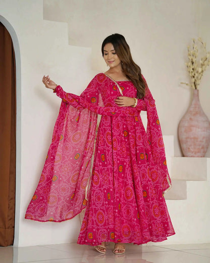 Pink lightweight chiffon dress with Bandhej print and matching dupatta