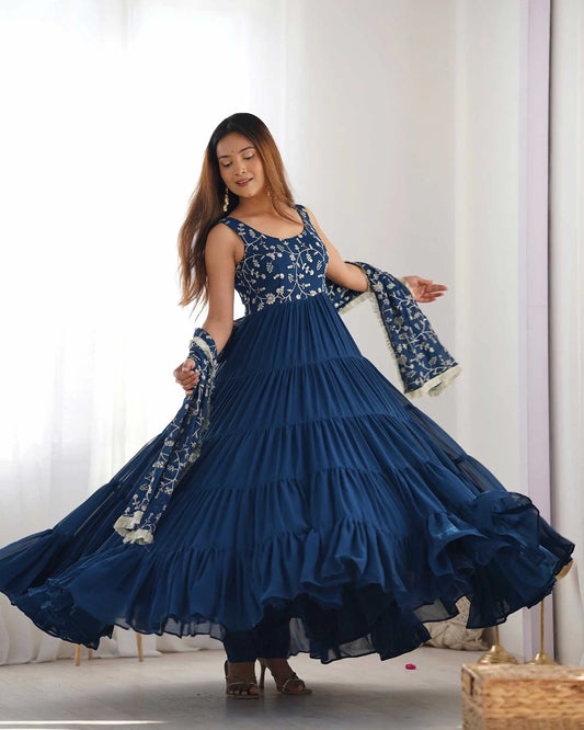 Teal blue georgette empire flair gown with heavy embroidered dupatta