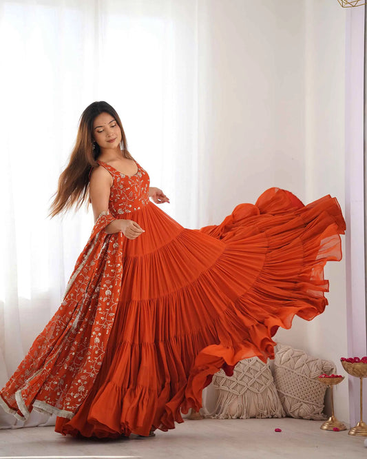 Brick orange georgette empire flair dress with heavy embroidered dupatta