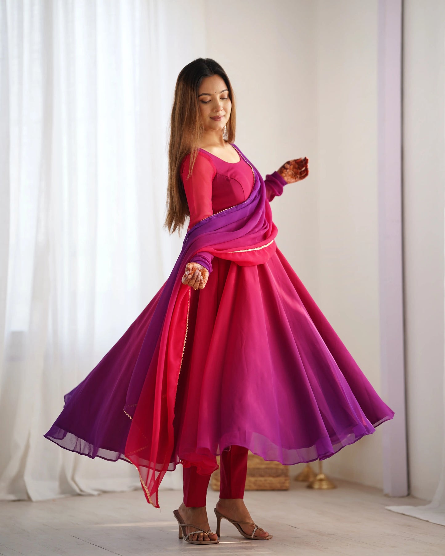 Dark Pink Georgette Long Dress with Colorful Panels and Dupatta