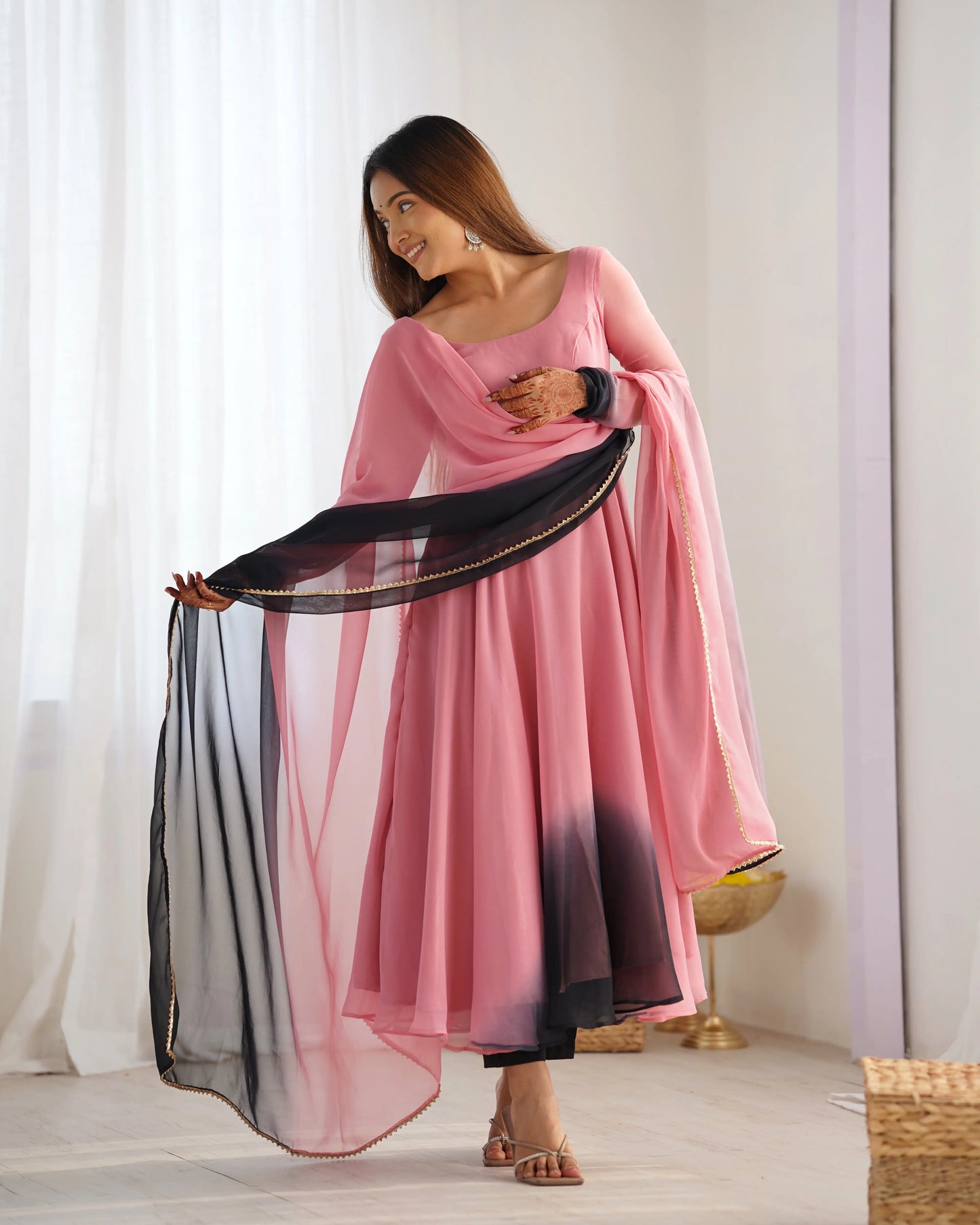 Powder Pink Georgette Long Dress with Multicolor Inserts and Dupatta