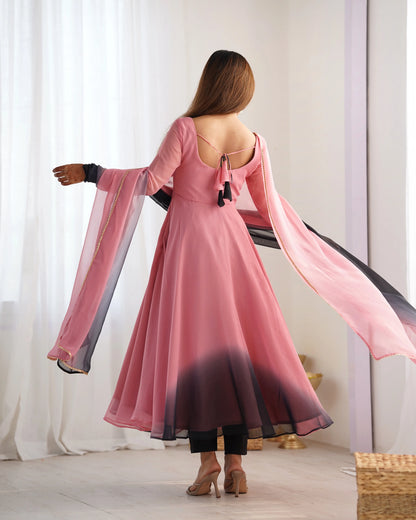 Powder Pink Georgette Long Dress with Multicolor Inserts and Dupatta