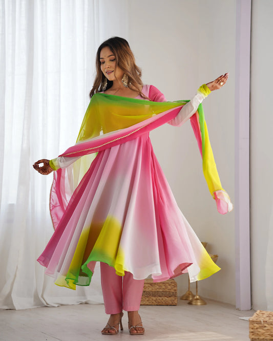 Multicolor Georgette Long Dress with Colorful Panels Rainbow Details and Dupatta