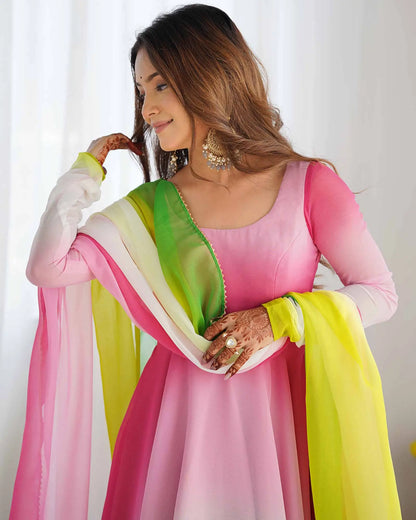 Multicolor Georgette Long Dress with Colorful Panels Rainbow Details and Dupatta